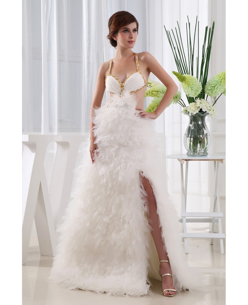 A-line V-neck Sweep Train Tulle Prom Dress With Cascading Ruffle