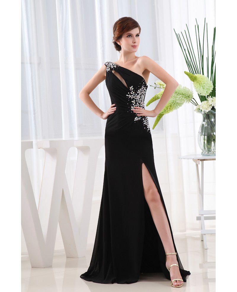 A-line One-shoulder Floor-length Chiffon Evening Dress With Beading - Click Image to Close