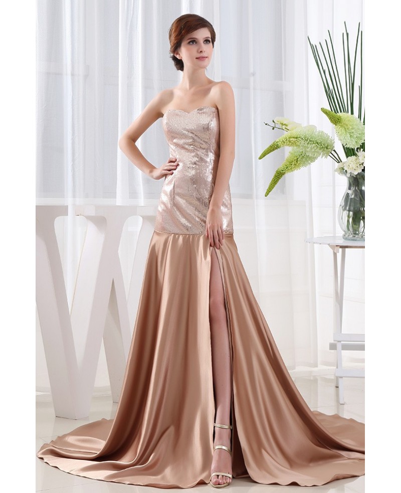 A-line Sweetheart Court Train Satin Evening Dress With Sequins - Click Image to Close