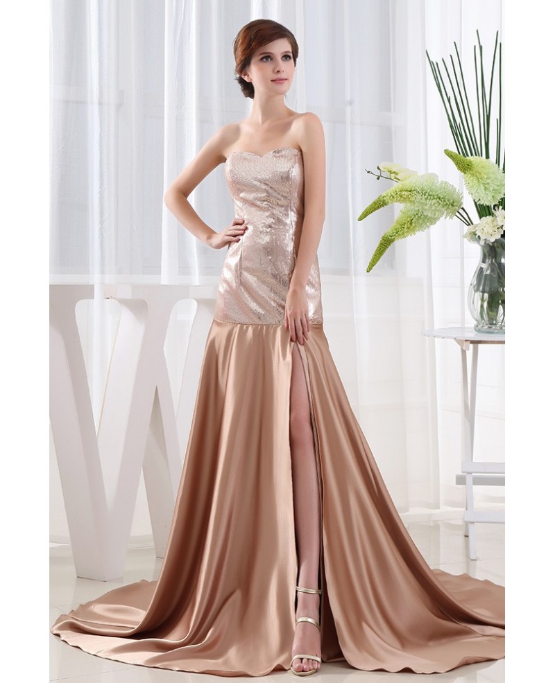 A-line Sweetheart Court Train Satin Evening Dress With Sequins