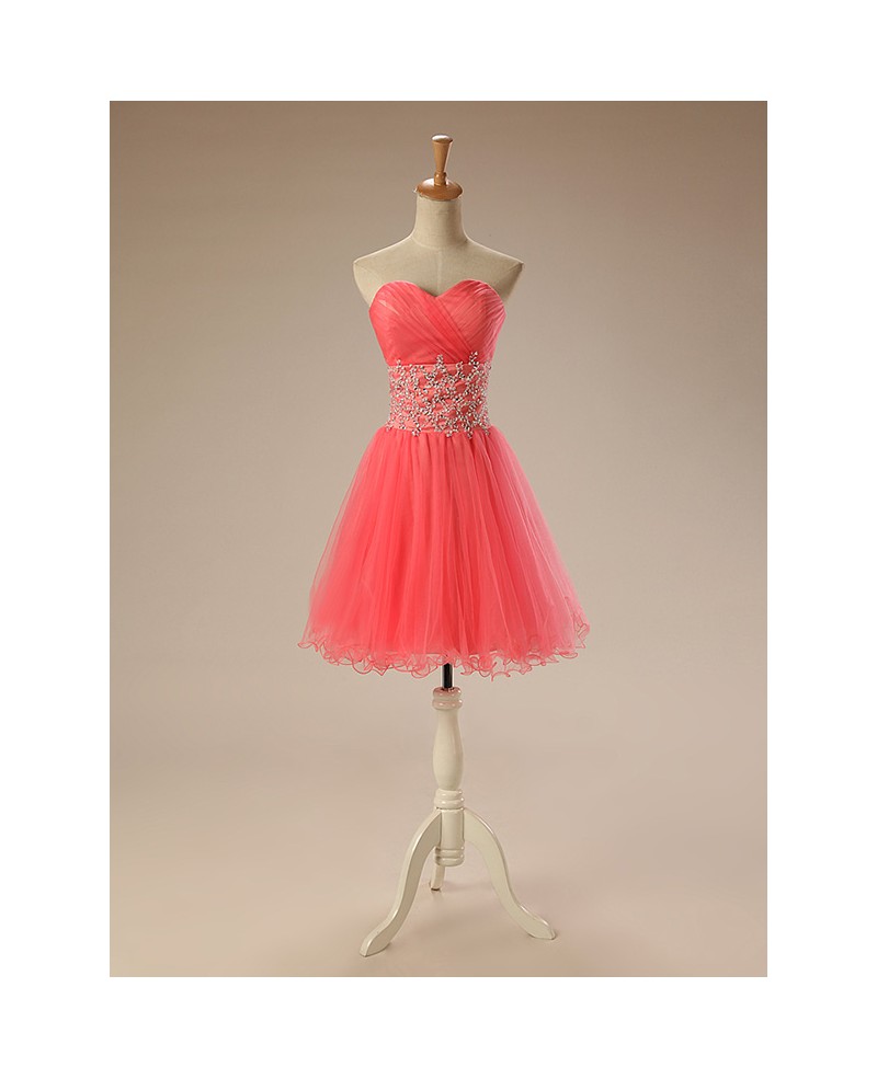 A-Line Sweetheart Short Tulle Prom Dress With Beading Ruffles - Click Image to Close