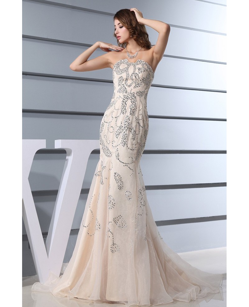 Mermaid Sweetheart Sweep Train Organza Prom Dress With Beading