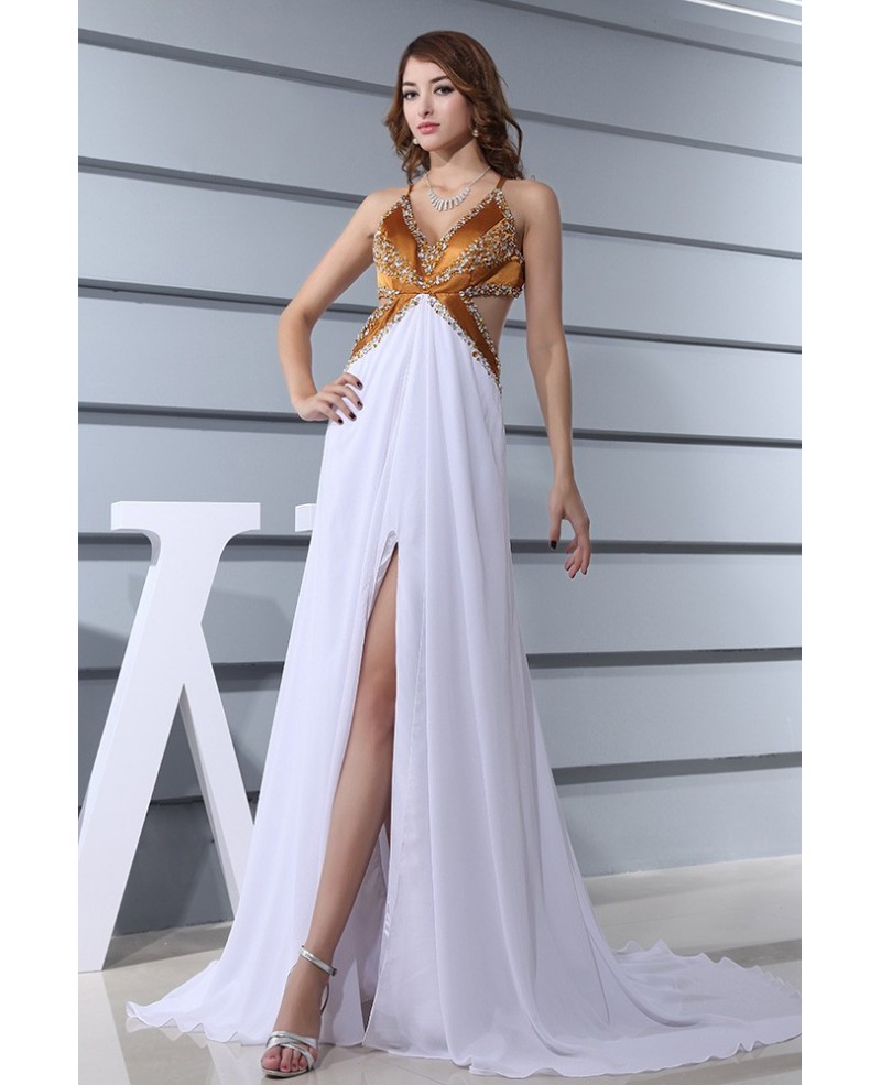 A-line V-neck Sweep Train Chiffon Prom Dress With Beading