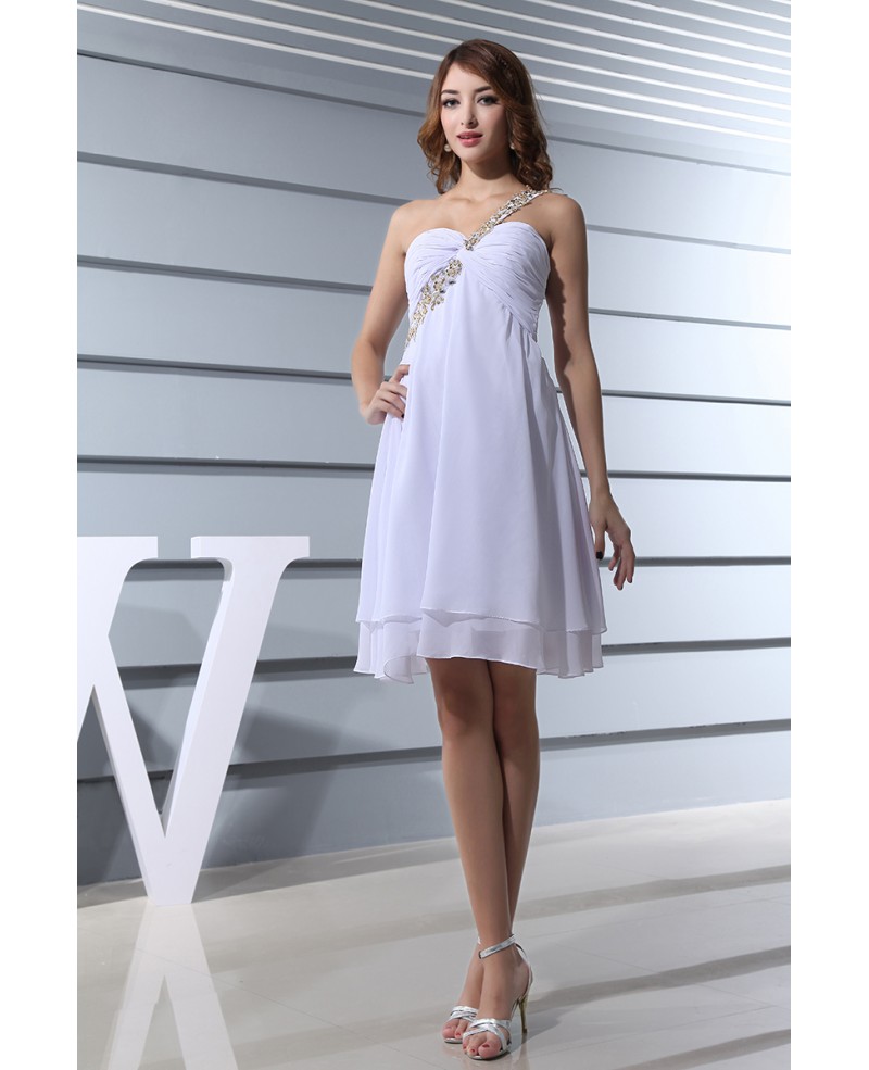 A-line One-shoulder Short Chiffon Homecoming Dress With Beading - Click Image to Close