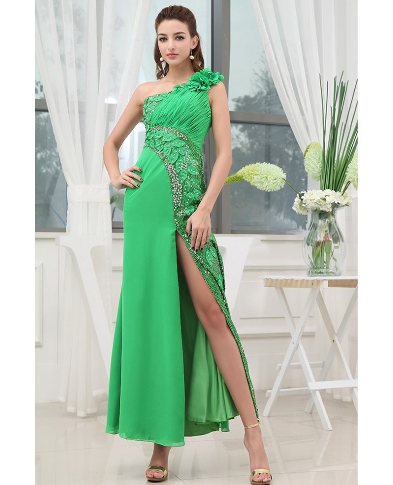 A-line One-shoulder Ankle-length Chiffon Prom Dress With Beading - Click Image to Close