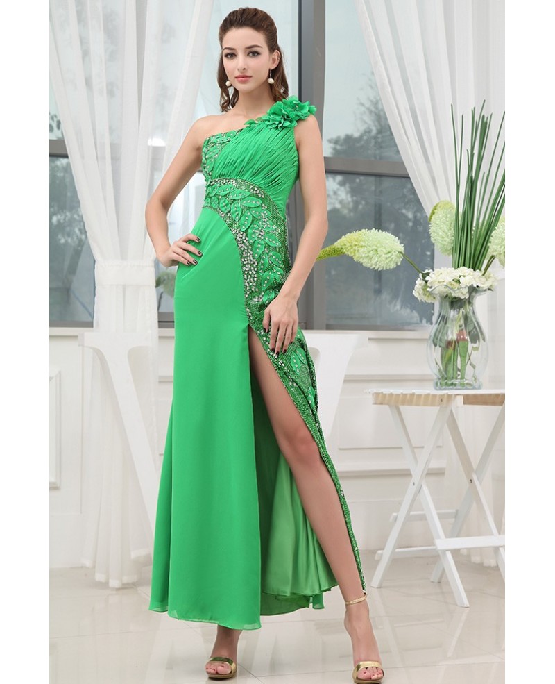 A-line One-shoulder Ankle-length Chiffon Prom Dress With Beading