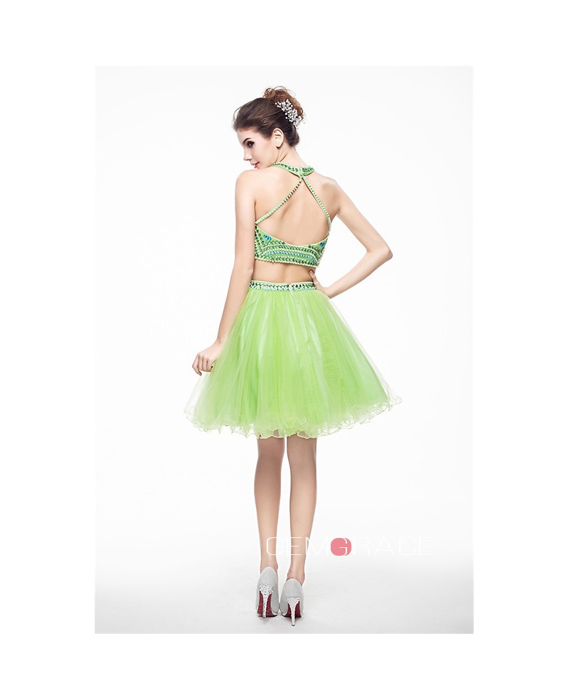 Sage Two-Pieces Halter Short Tulle Prom Dress With Beading - Click Image to Close