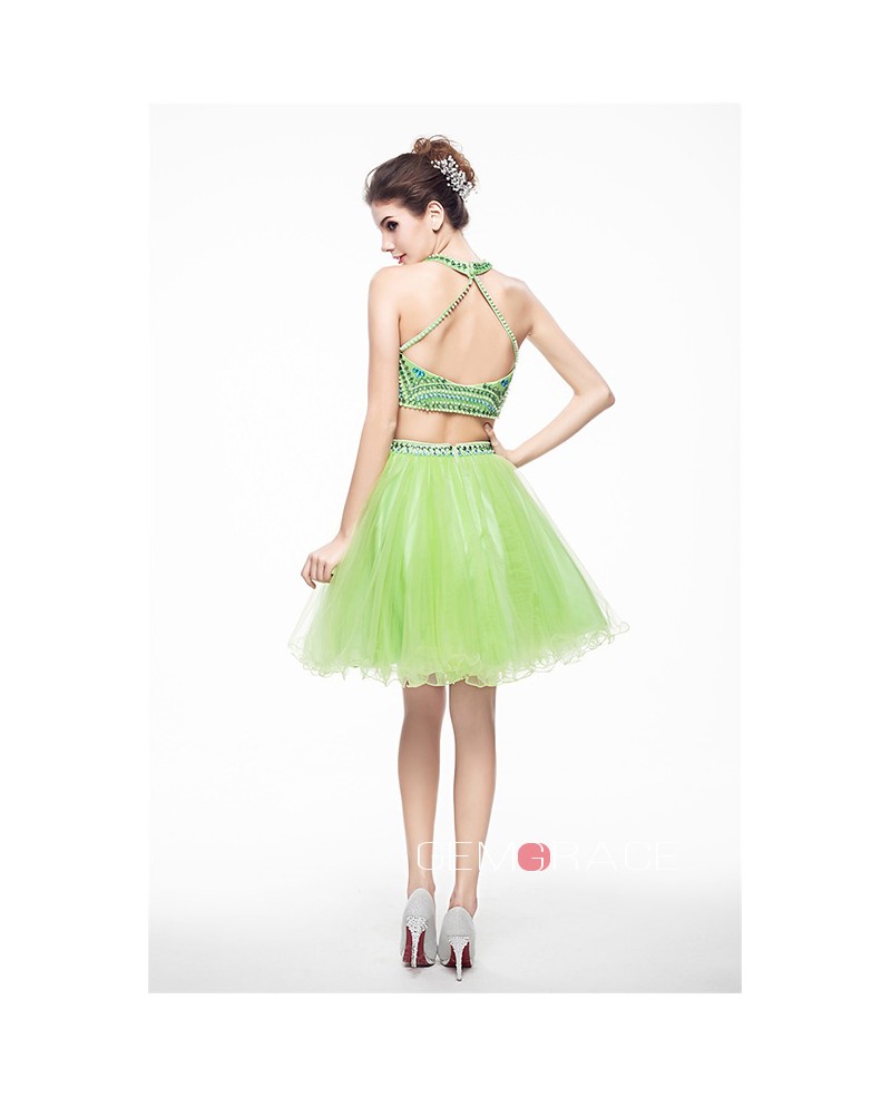 Sage Two-Pieces Halter Short Tulle Prom Dress With Beading