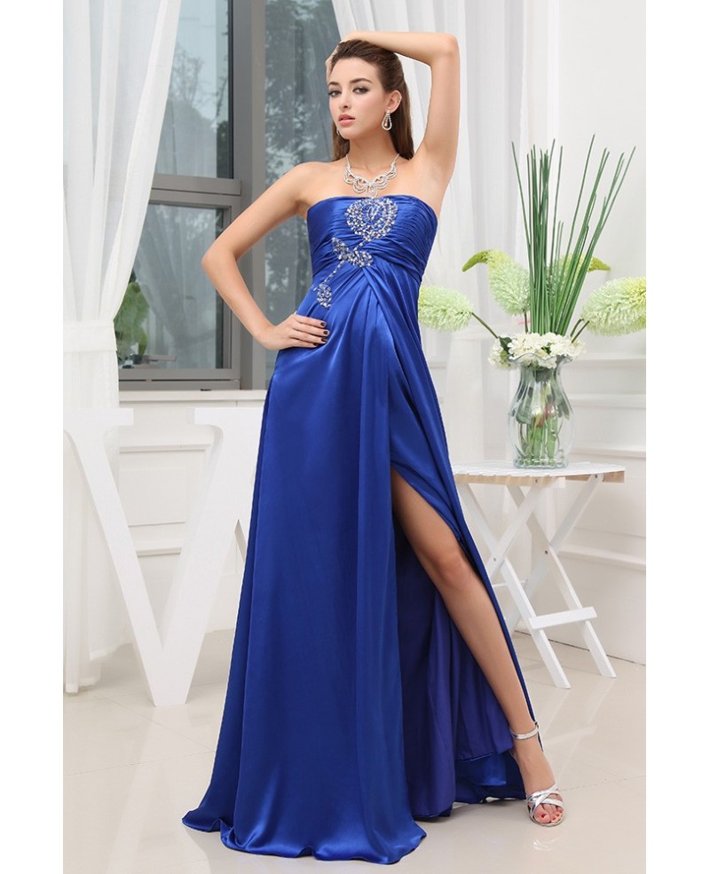 A-line Strapless Floor-length Satin Evening Dress With Beading - Click Image to Close