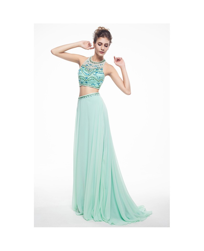 Two-Pieces Halter Chiffon Prom Dress With Beading - Click Image to Close