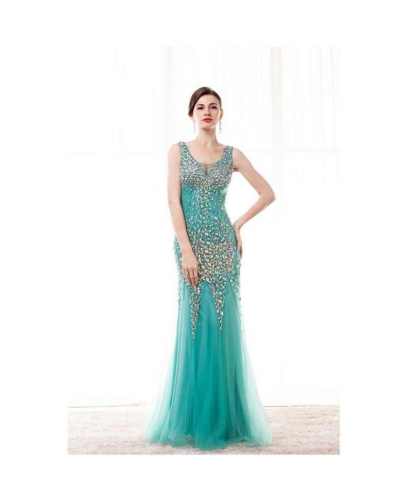 Sheath V Neck Floor-Length Tulle Prom Dress With Beading Sequins