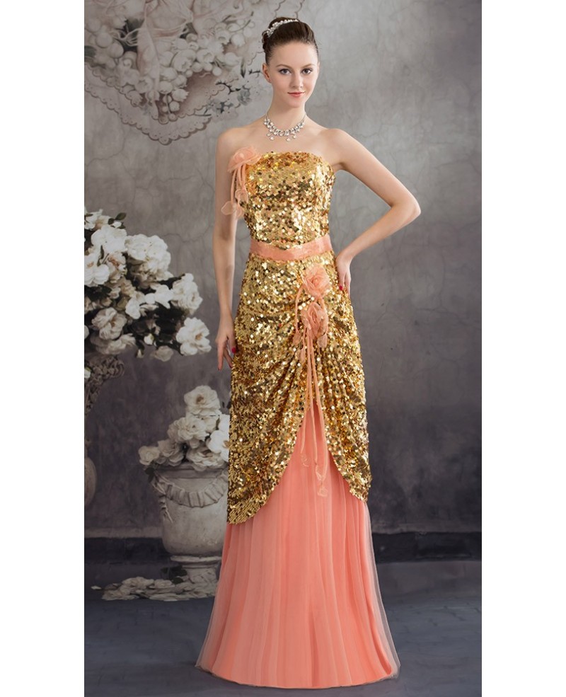 A-line Strapless Floor-length Chiffon Sequined Satin Prom Dress