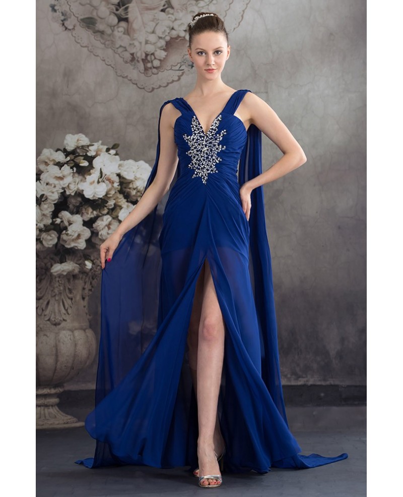 A-line V-neck Floor-length Chiffon Prom Dress With Beading