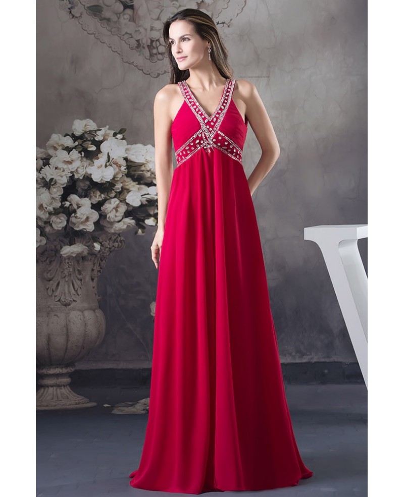 A-line V-neck Floor-length Chiffon Prom Dress With Beading