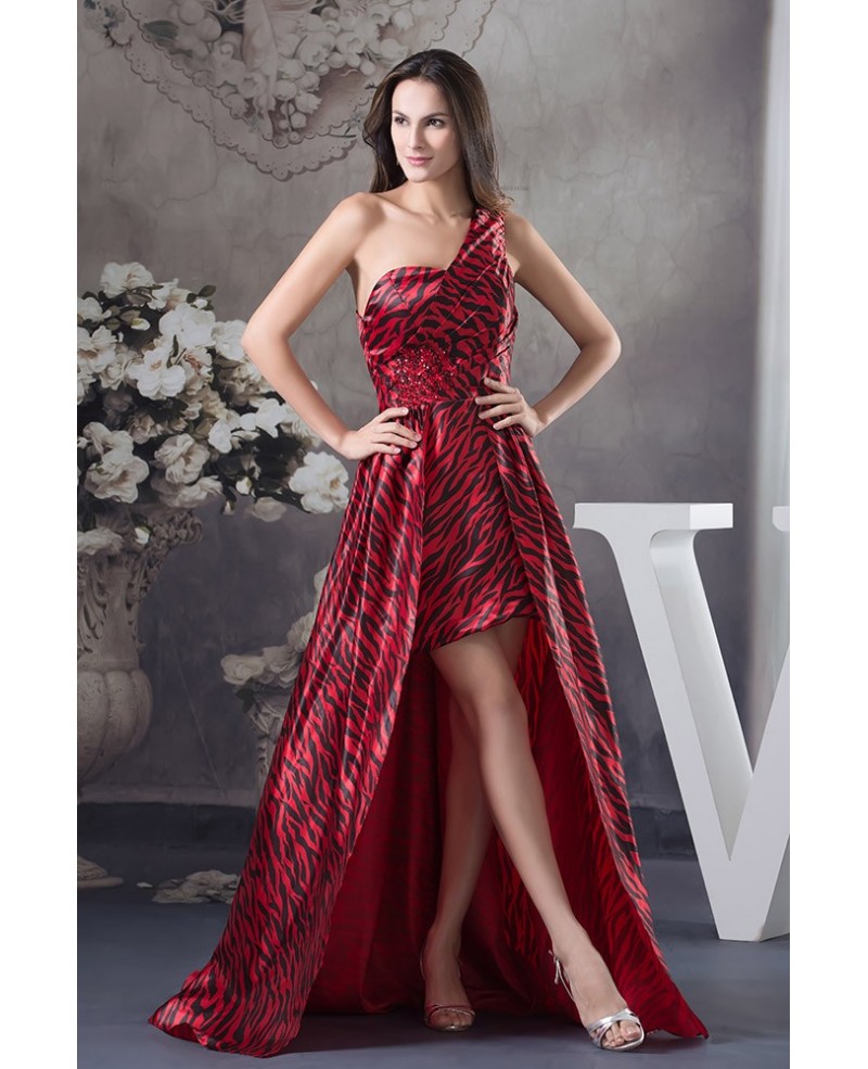 Printed A-line One-shoulder Asymmetrical Satin Wedding Dress