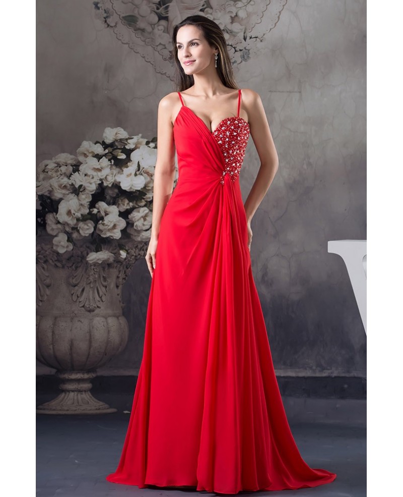 A-line Sweetheart Sweep Train Chiffon Evening Dress With Beading