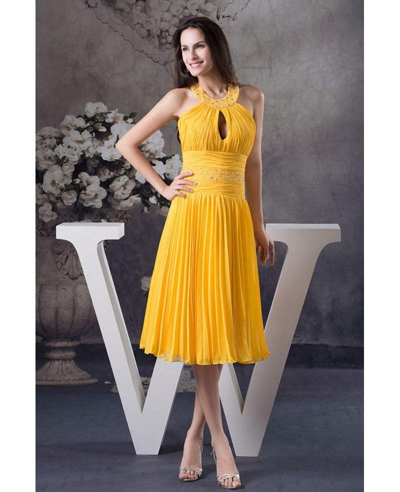 A-line Halter Knee-length Chiffon Homecoming Dress With Beading - Click Image to Close