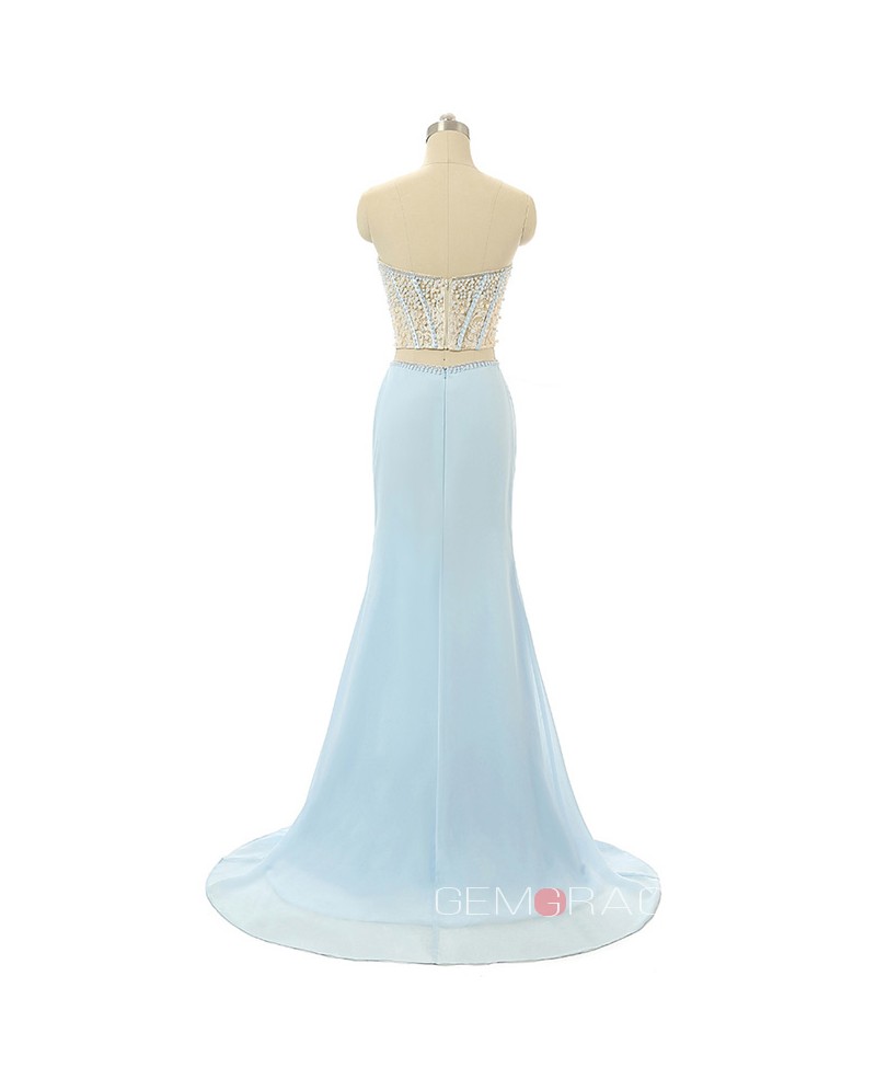 Sky-blue A-line Sweet-heart Sweep-train Prom Dress with Beading