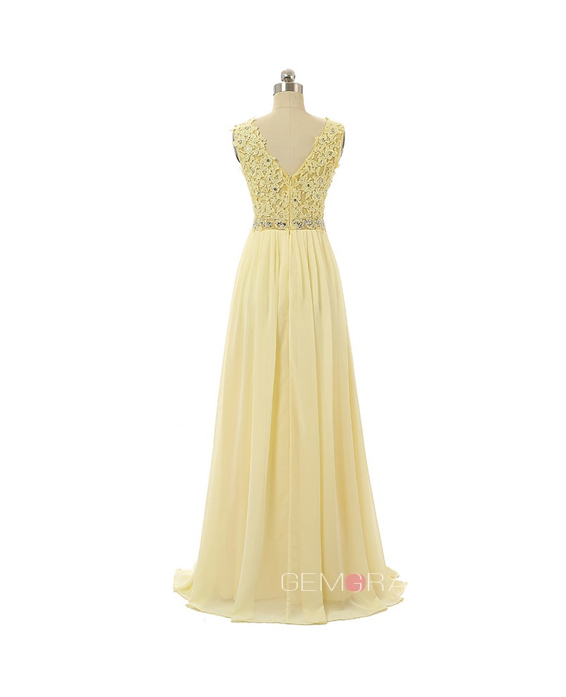 A-line V-neck Sweep-train Prom Dress with Lace Beading