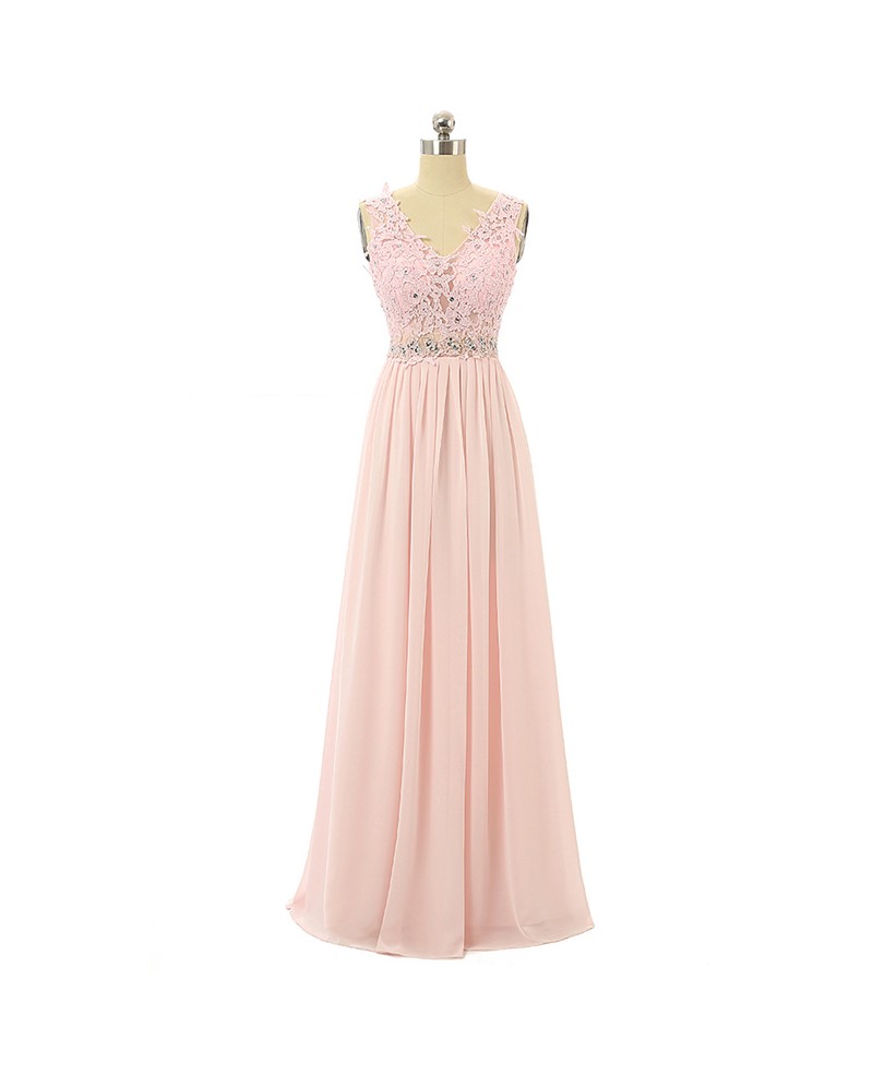 Candy-pink A-line V-neck Sweep-train Prom Dress with Lace Beading