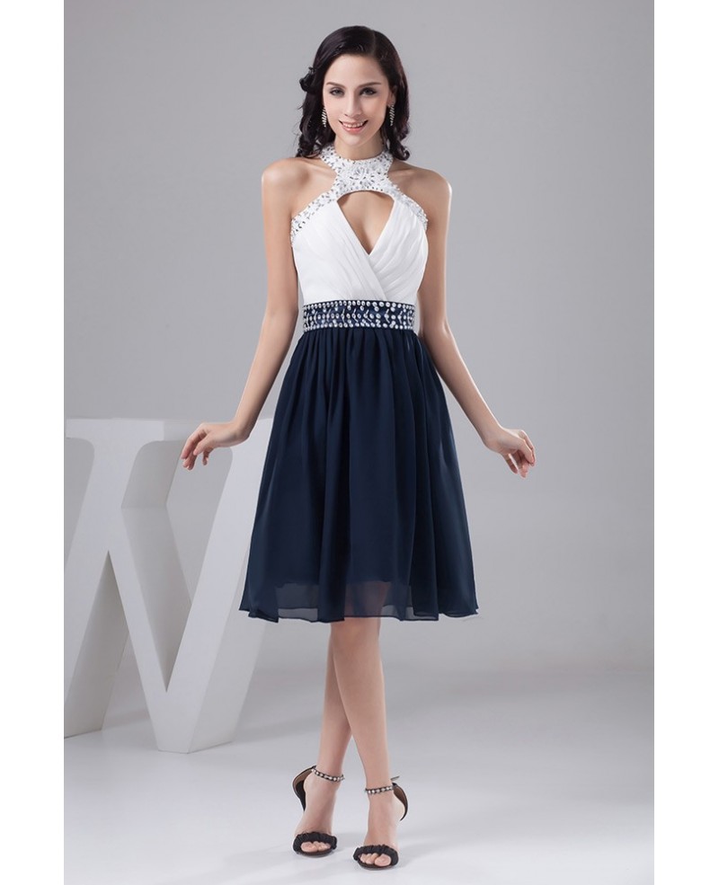 A-line Halter Knee-length Chiffon Homecoming Dress With Beading - Click Image to Close