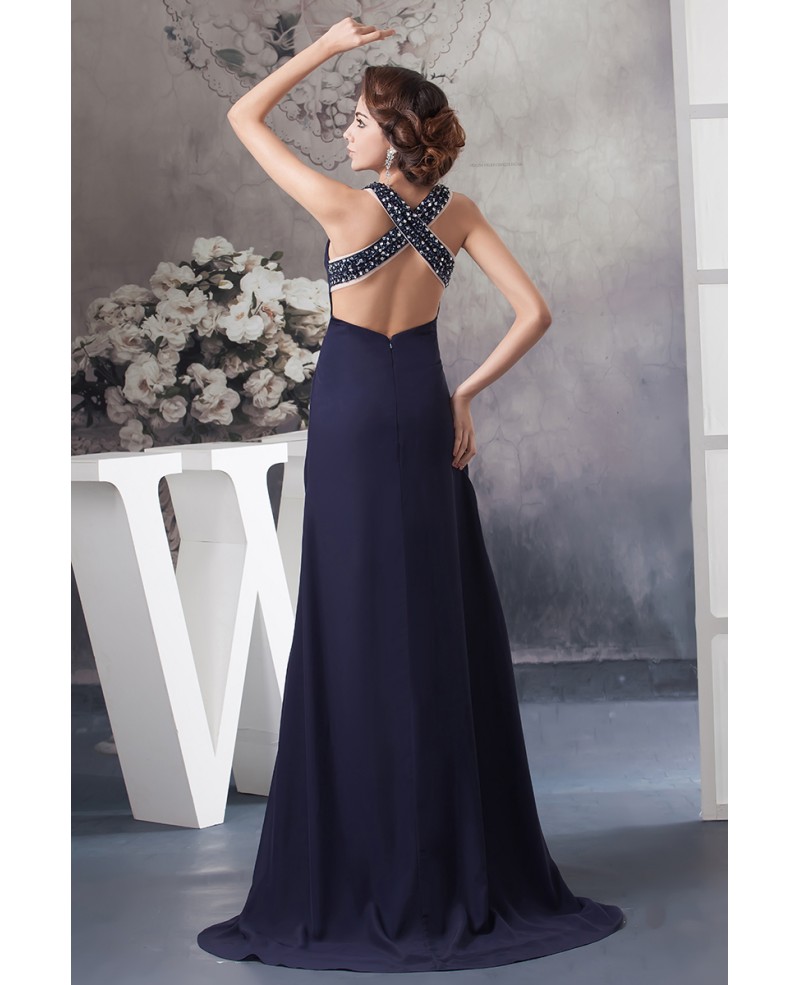 Sheath V-Neck Sweep Train Chiffon Evening Dress With Beading