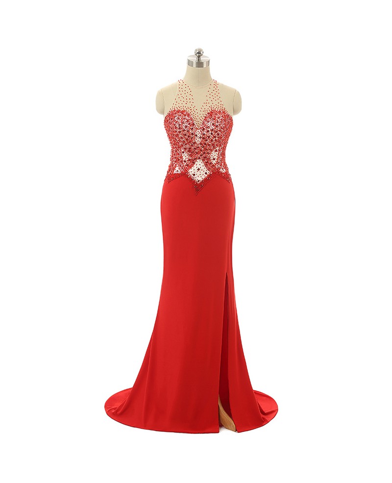 Mermaid Halter Sweep-train Prom Dress with Beading