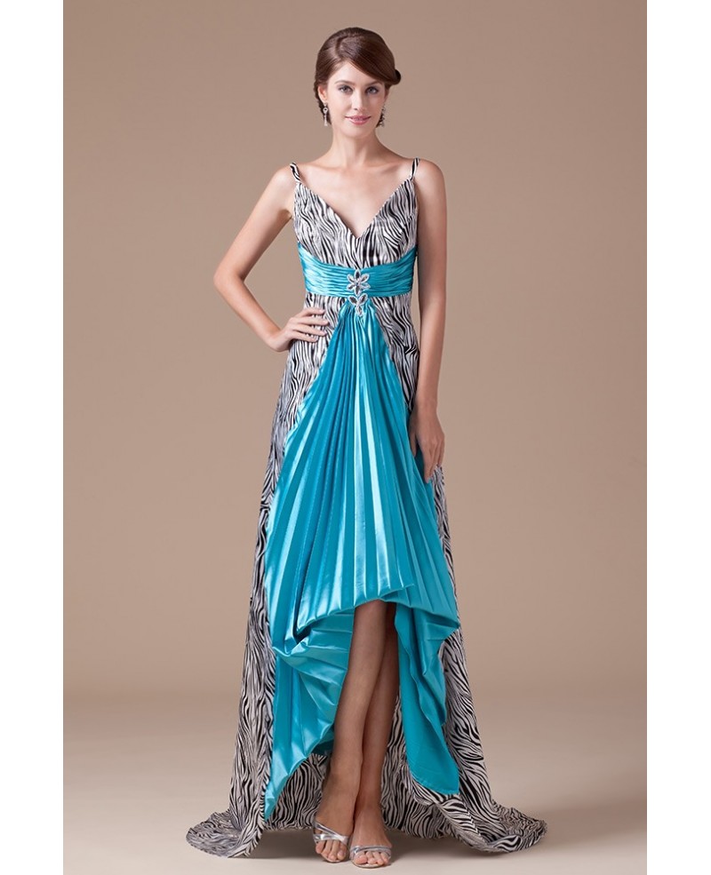 Printed A-line V-neck Asymmetrical Satin Prom Dress - Click Image to Close
