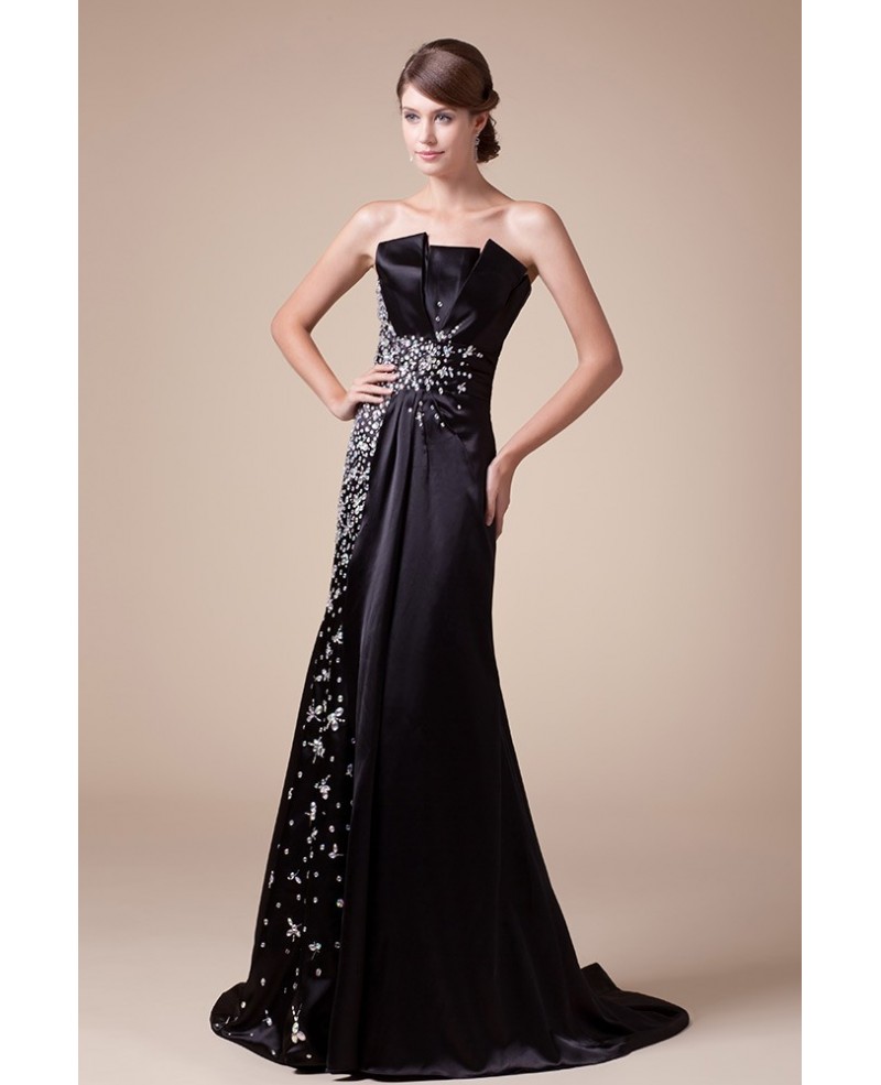 Mermaid Strapless Sweep Train Satin Evening Dress With Beading - Click Image to Close
