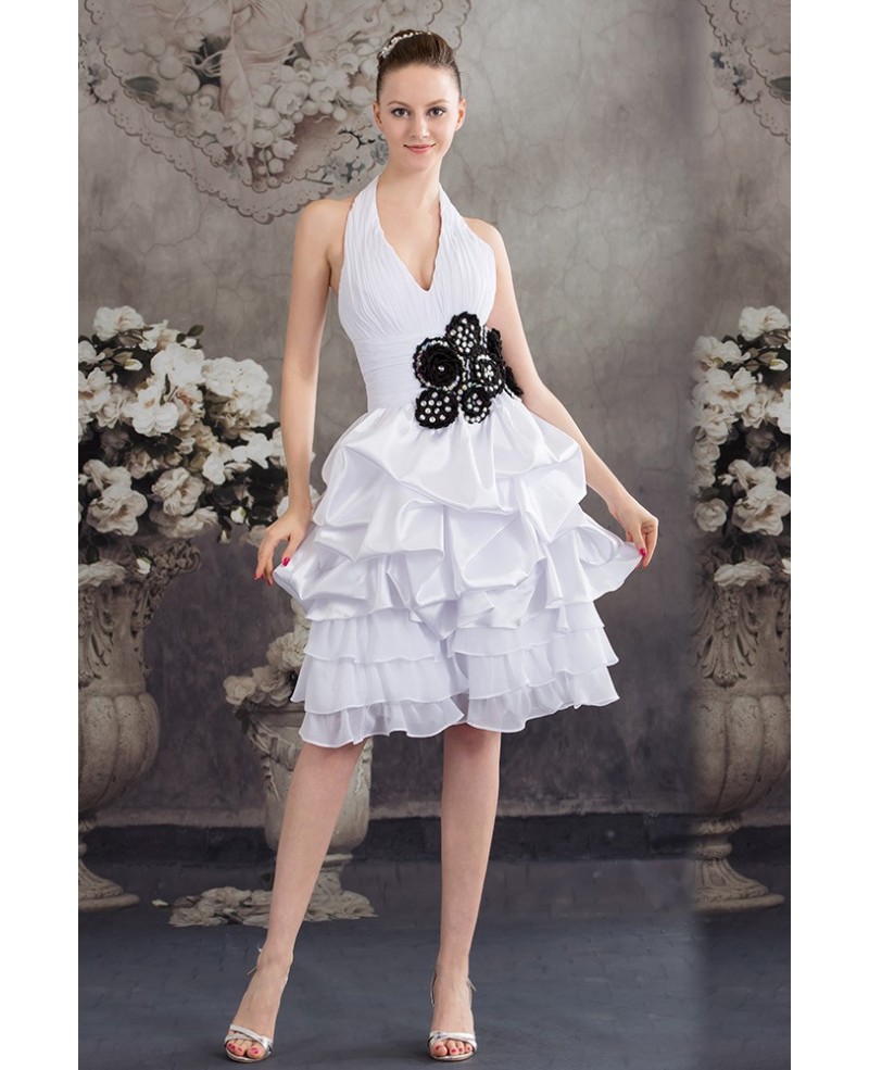 A-line Halter Knee-length Satin Prom Dress With Beading