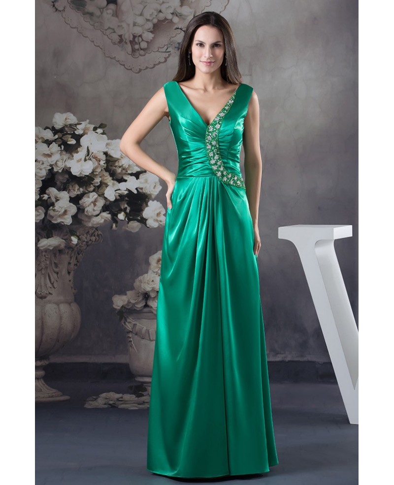 Green A-line V-neck Floor-length Satin Evening Dress With Beading