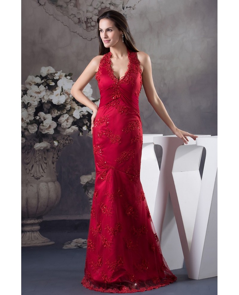 Mermaid Halter Floor-length Satin Lace Evening Dress - Click Image to Close