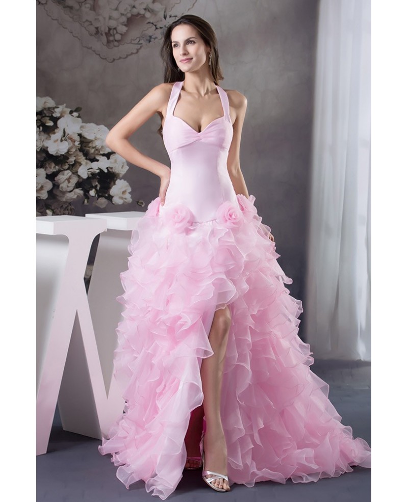 Mermaid Halter Sweep Train Satin Tulle Prom Dress With Cascading Ruffle