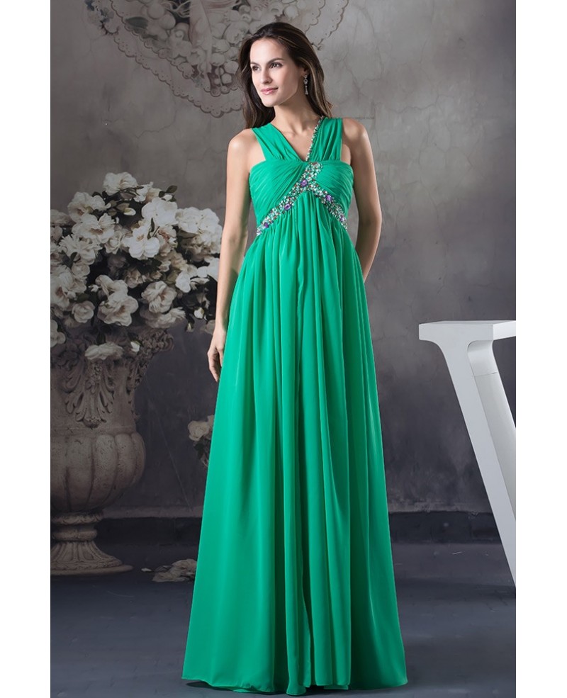 Empire V-neck Floor-length Chiffon Prom Dress With Beading - Click Image to Close