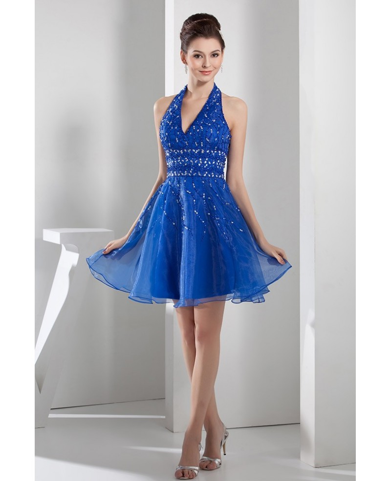 A-line Halter Short Tulle Prom Dress With Beading - Click Image to Close