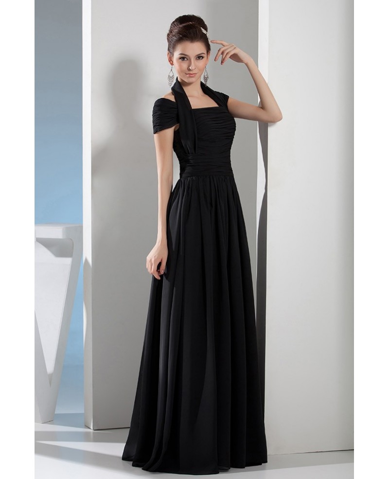 Long Black A-line Halter Floor-length Chiffon Prom Dress