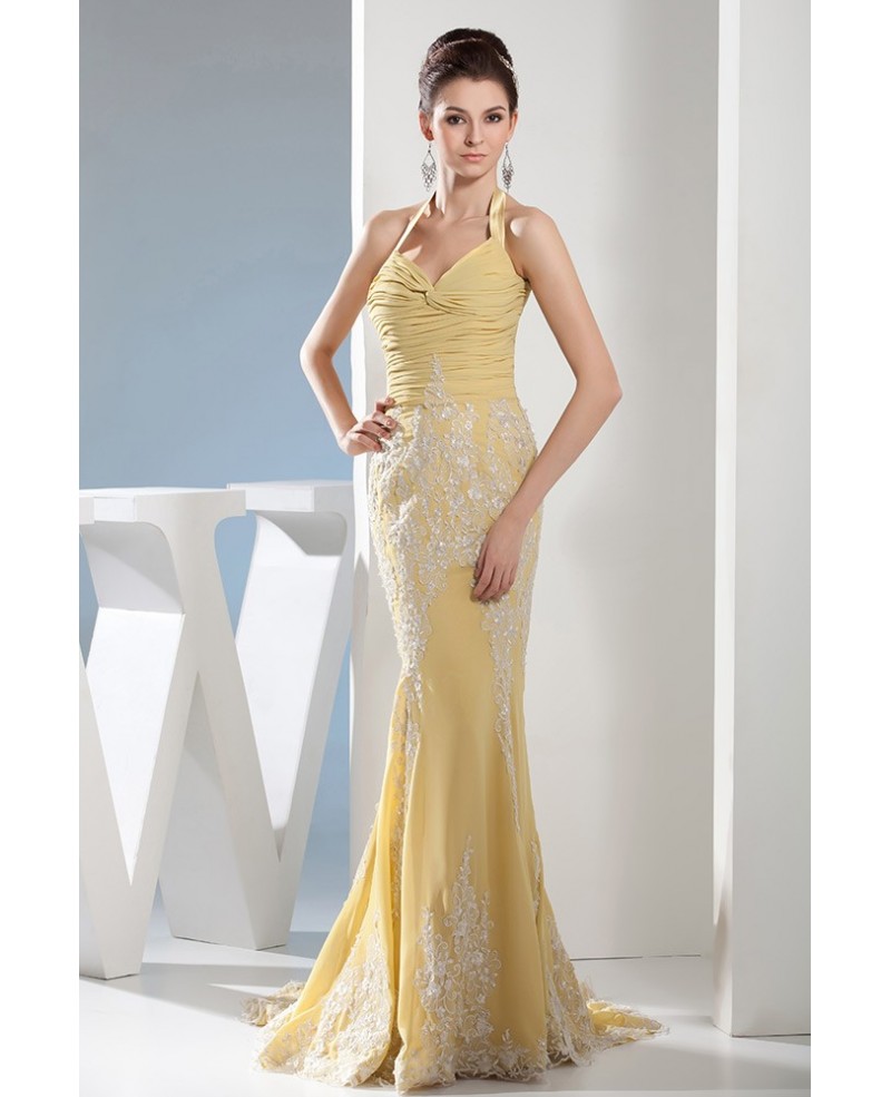 Mermaid Halter Sweep Train Chiffon Prom Dress With Appliques Lace - Click Image to Close