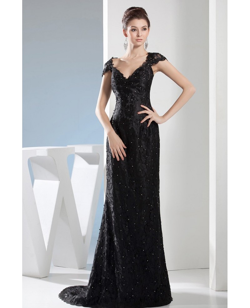 Sheath V-neck Sweep Train Lace Evening Dress With Beading