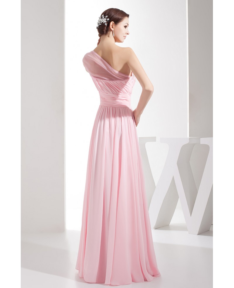 A-line One-shoulder Floor-length Chiffon Prom Dress With Beading - Click Image to Close