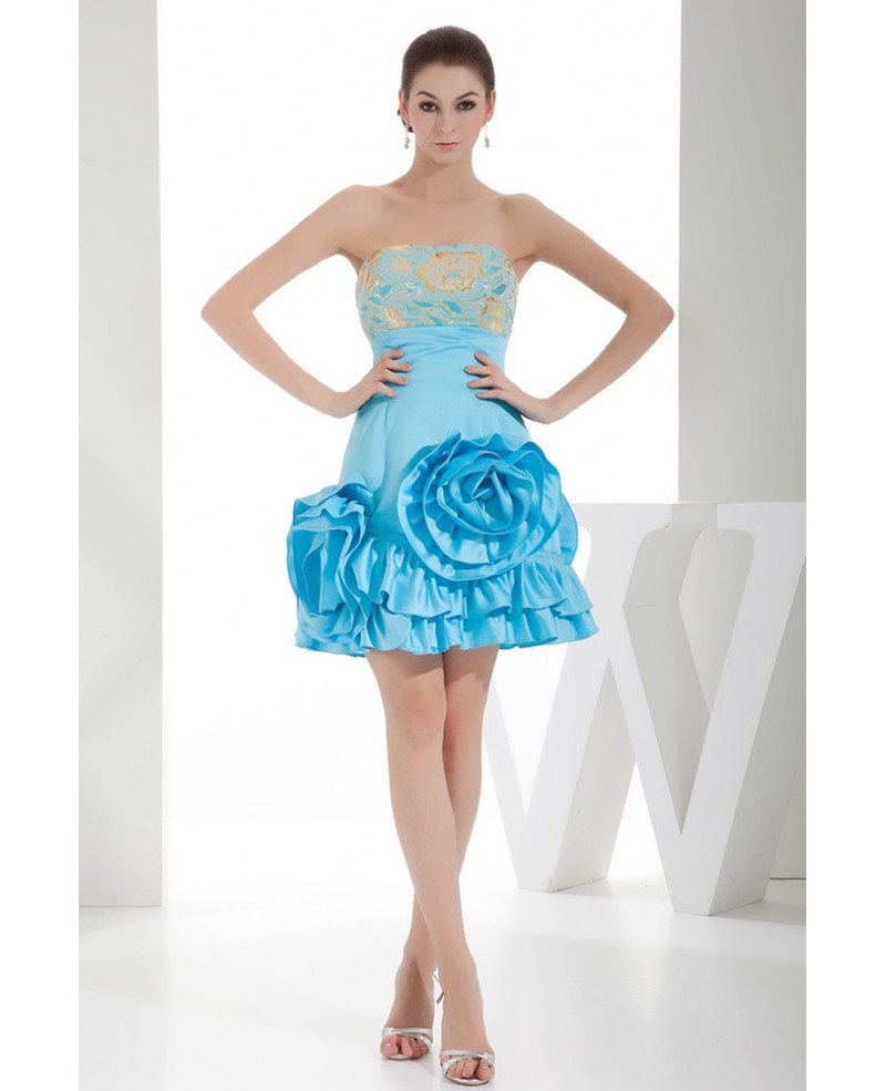 A-line Strapless Short Satin Prom Dress With Embroidery - Click Image to Close