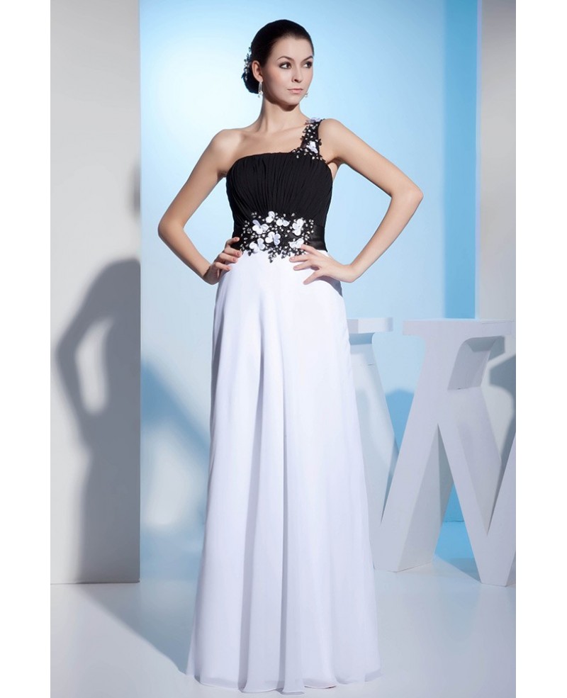 A-line One-shoulder Floor-length Chiffon Prom Dress With Beading - Click Image to Close