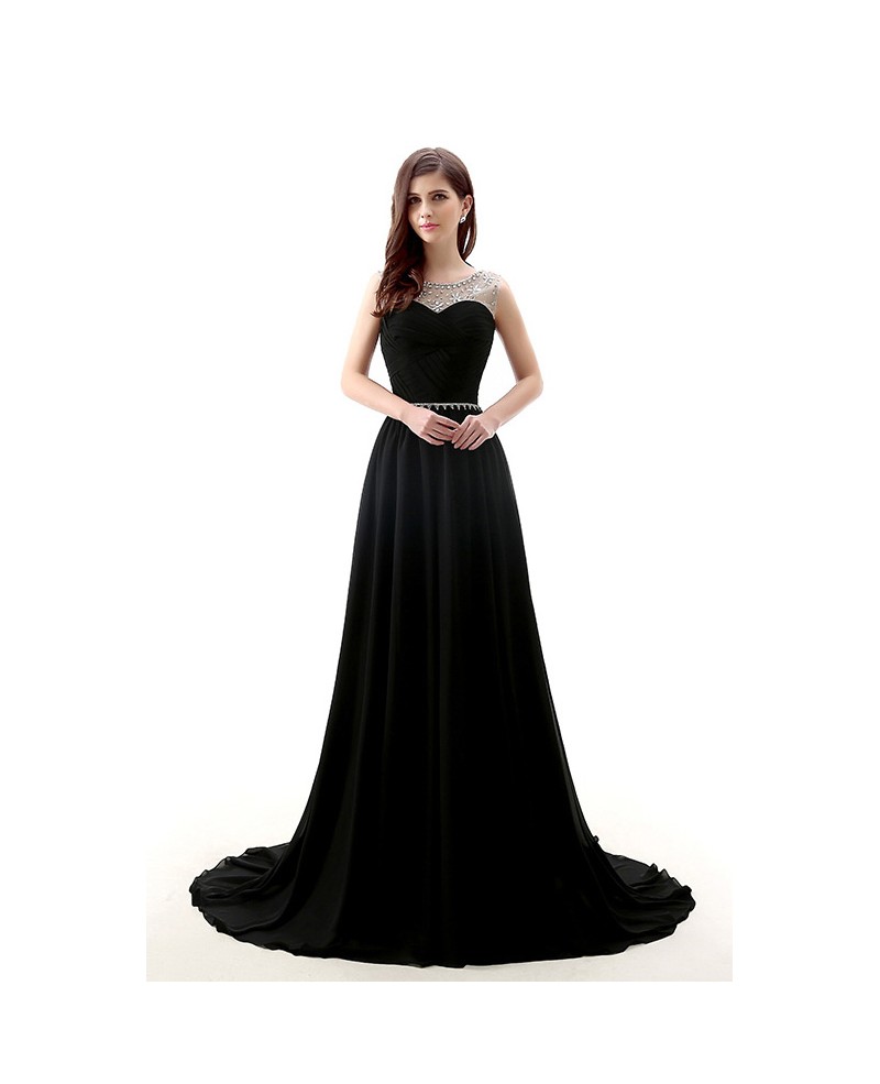 A-Line Scoop Neck Court Train Chiffon Prom Dress With Beading - Click Image to Close
