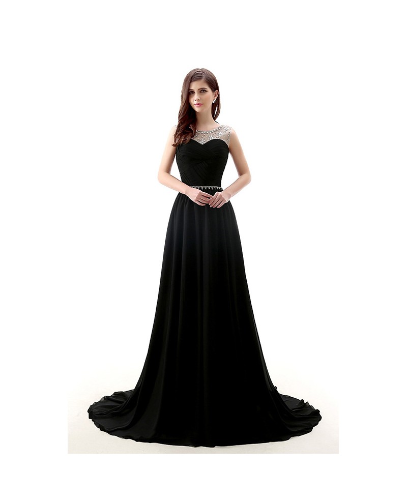 A-Line Scoop Neck Court Train Chiffon Prom Dress With Beading