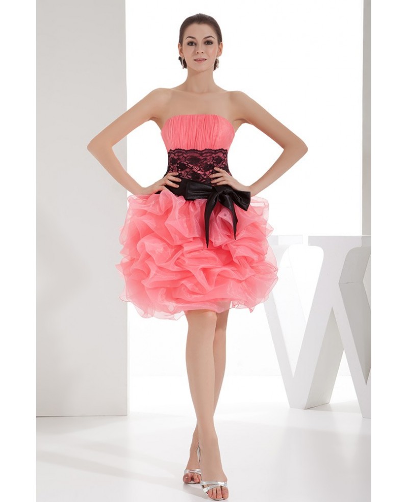 Cute Pink and Black Strapless Short Tulle Prom Dress With Cascading Ruffle