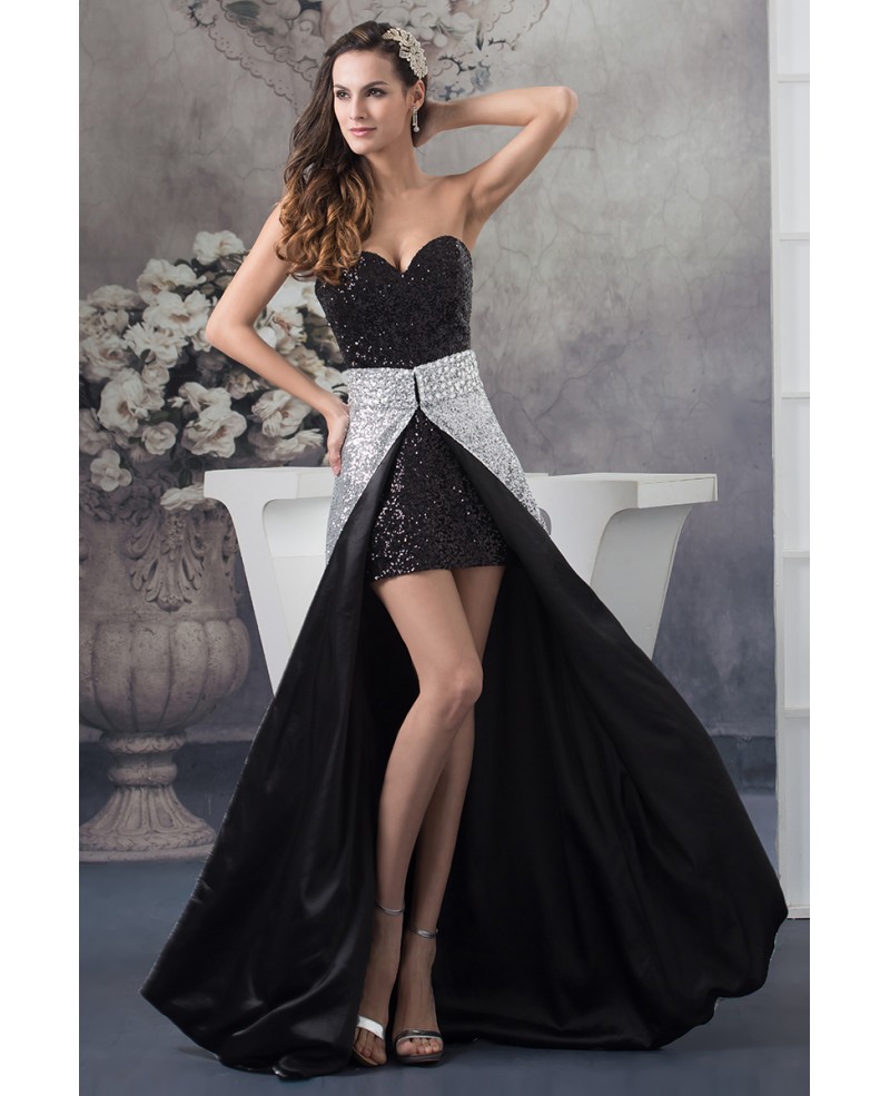 Detachable A-line Sweetheart Asymmetrical Sequined Prom Dress