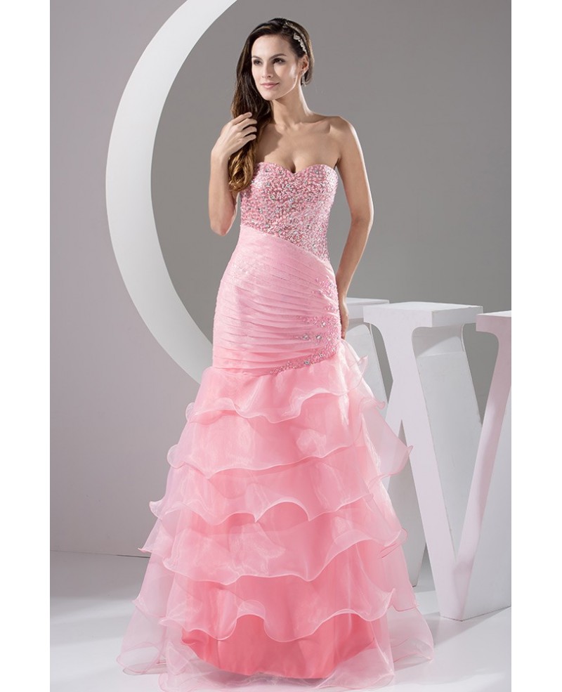 Blush Pink Sparkly Sweetheart Long Tulle Ruffle Prom Dress - Click Image to Close