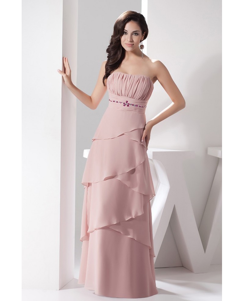 Pearl Pink Strapless Long Chiffon Evening Dress With Beading