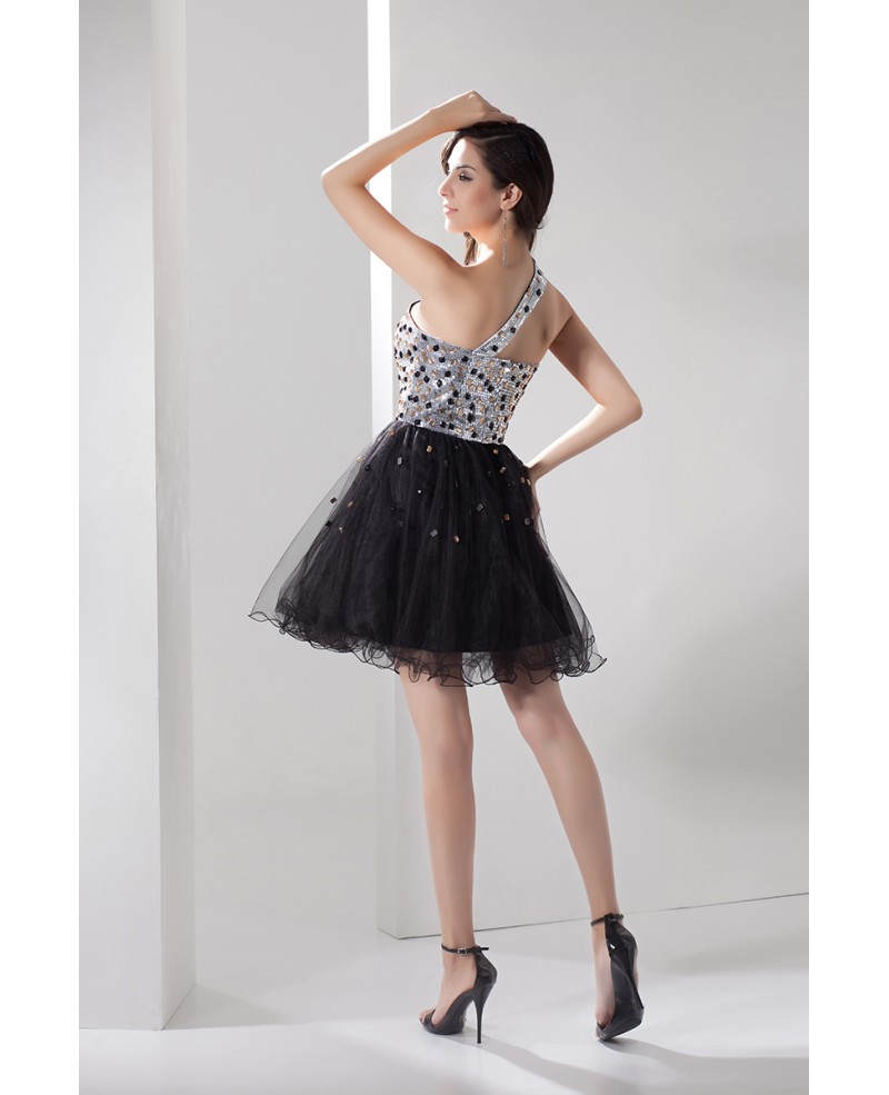 A-line One-shoulder Short Tulle Prom Dress With Beading - Click Image to Close