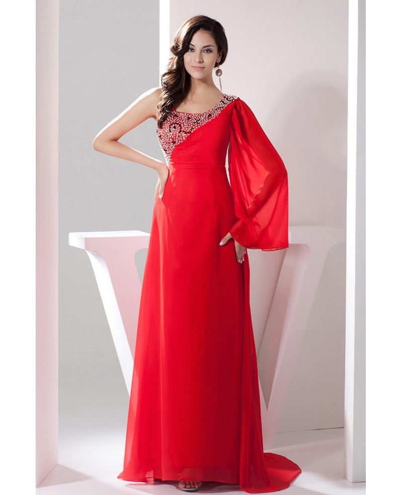 Hot Red One-shoulder Sleeve Chiffon Beaded Evening Dress With Sweep Train