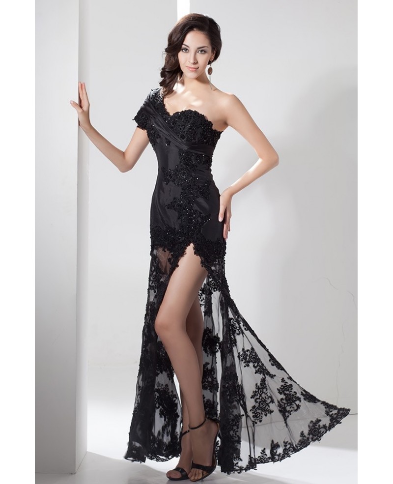 Black One-shoulder Long Lace Beaded Evening Dress With Split Front - Click Image to Close